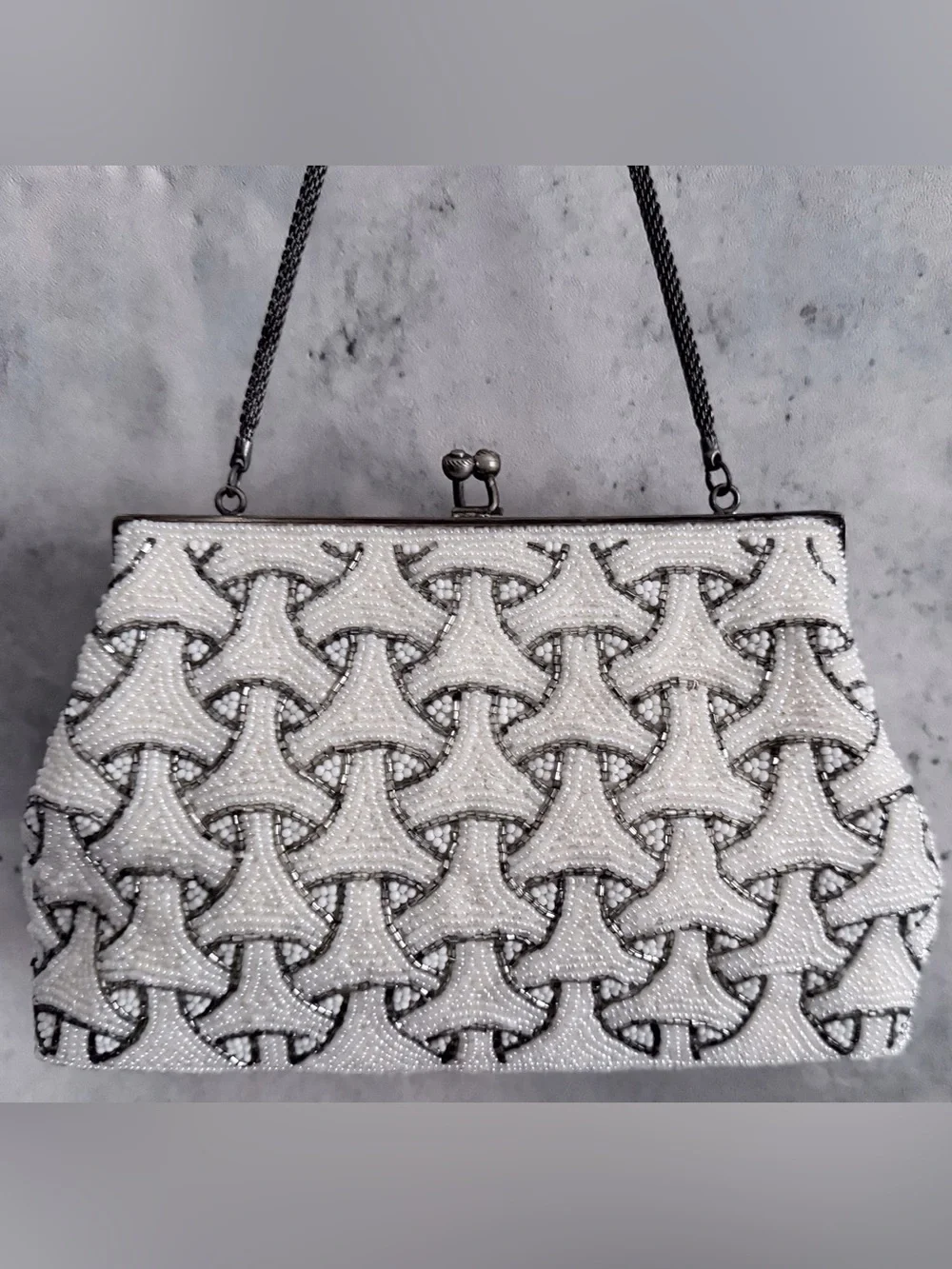 VTG Beaded Clutch Evening Bag Off Wht Silver Geometric Art Deco Purse Chain Str